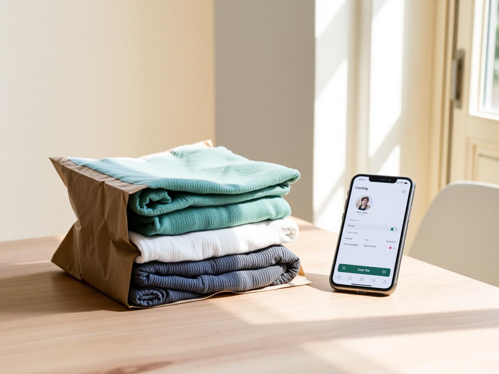Fresh folded laundry in eco packaging beside a booking app